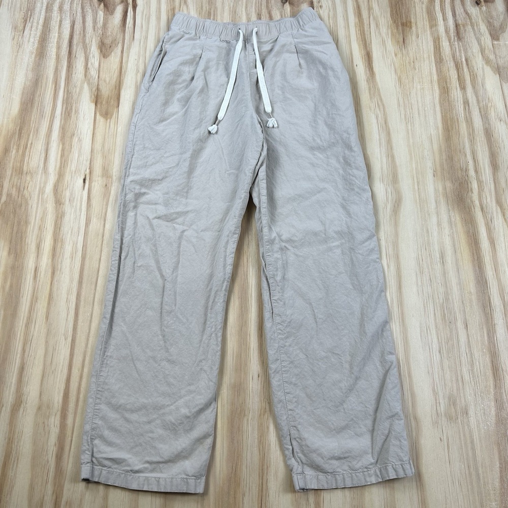 Uniqlo Women's Linen Blend Wide Leg Pants Beige Tan XS Drawstring Relaxed